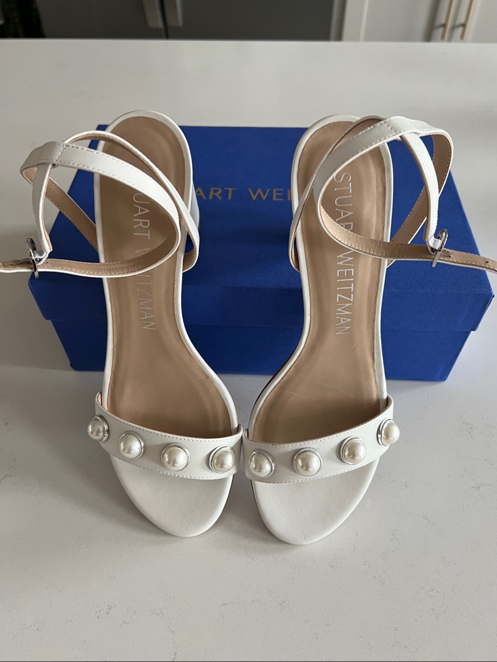 Stuart Weitzman White Pearl-Embellished Ankle-Strap Sandals